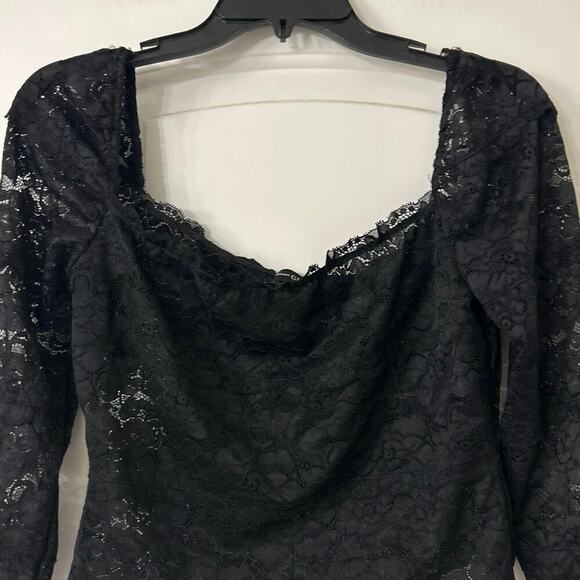 Guess Black Sheer Lace Square Neck Puff Sleeve Crop Top Whimsigoth Coquette M - Picture 7 of 12